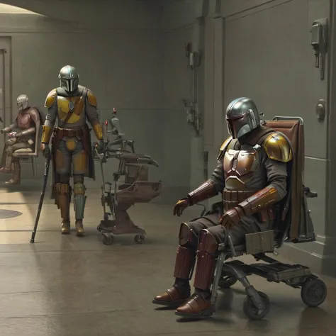 mandalorian nursing home, old mandalorians, a mandalorian wheelchair, MNDLR, MNDLR STYLE, old man, mandalorian medicare, using a cane and a walker, no parking anywhere, very frustrated, just brokeup with his girlfriend, sad and lonely, highres, masterpiece, 8k, 4k, <lora:mndlr:1>