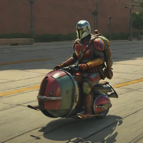 a mandalorian motorscooter, MNDLR, MNDLR STYLE, wearing a backpack, on his way to college, no parking anywhere, very frustrated, just brokeup with his girlfriend, sad and lonely, highres, masterpiece, 8k, 4k, <lora:mndlr:1>