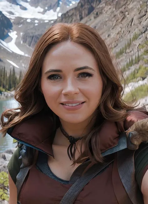 ((selfie)) photo of skswoman, smiling, outdoors, mountains, rocks, river, wood, analog style (look at viewer:1.2) (skin texture), close up, cinematic light, sidelighting, Fujiflim XT3, DSLR, 50mm, <lyco:Ruby Jumanji:1.2>