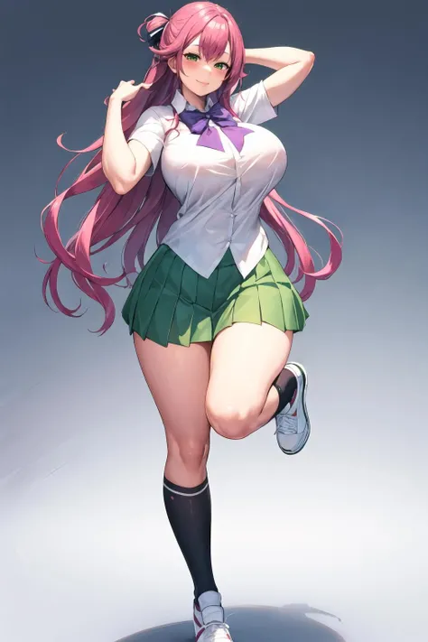 masterpiece, best quality, 1 Girl, Solitary, Long hair, (((Full and soft breasts,)))(((Huge breasts))) (((Cleavage)))) Looking at the audience, blush, Smile, Bangs, skirt, large breasts, Simple background, shirt, White background, bow, Shut up, , Green Eyes, permanent, whole body, white shirt, Pink Hair, Short sleeve, pleated skirt, shoe, sock, collared shirt, miniskirt, bowtie, huge breasts, Raise your arms, slope, Knee-length, slope background, 白色shoe, permanent on one leg, green skirt, black sock, purple bow, shirt tucked in, Upper cover, purple bowtie, tented shirt 