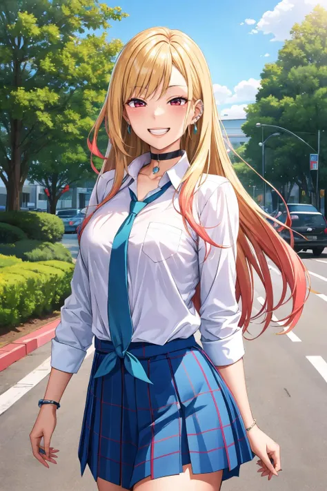 masterpiece, best quality, highres, kitagawa marin, 1girl, blonde hair, long hair, multicolored hair, red eyes, jewelry, earrings, piercing, school uniform, white shirt, tied shirt, black choker, blue necktie, plaid skirt, <lora:kitagawa_marin_v1-1:0.7>, grin, smile, standing, cowboy shot, outdoors,<lora:Hakaishin-Style-v1-000016:1>