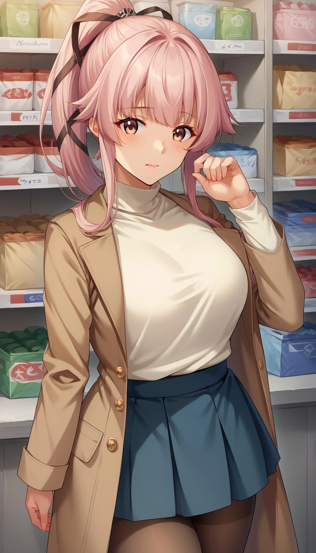 score_9, score_8_up, score_7_up, source_anime,game cg, <lora:light_sharp_style_magin3.1:1>
<lora:yura:1>yuravalentinekc,pink hair, long hair, skirt,long sleeves, ribbon, hair ribbon, ponytail, cowboy shot, pleated skirt, sweater, blue skirt,brown coat, black pantyhose, hair flaps, white sweater, coat on shoulders,convenience store,