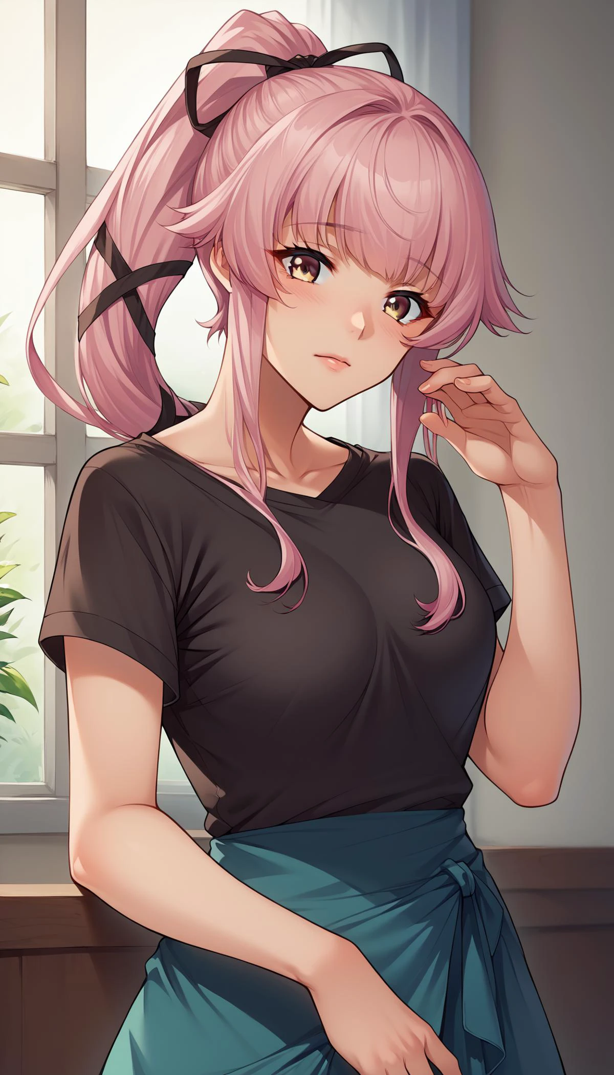 score_9, score_8_up, score_7_up, source_anime,game cg, <lora:light_sharp_style_magin3.1:1>
<lora:yura:1>yurasummerkc,pink hair, long hair, ribbon, hair ribbon, ponytail, short sleeves, black shirt, hair flaps,sarong,