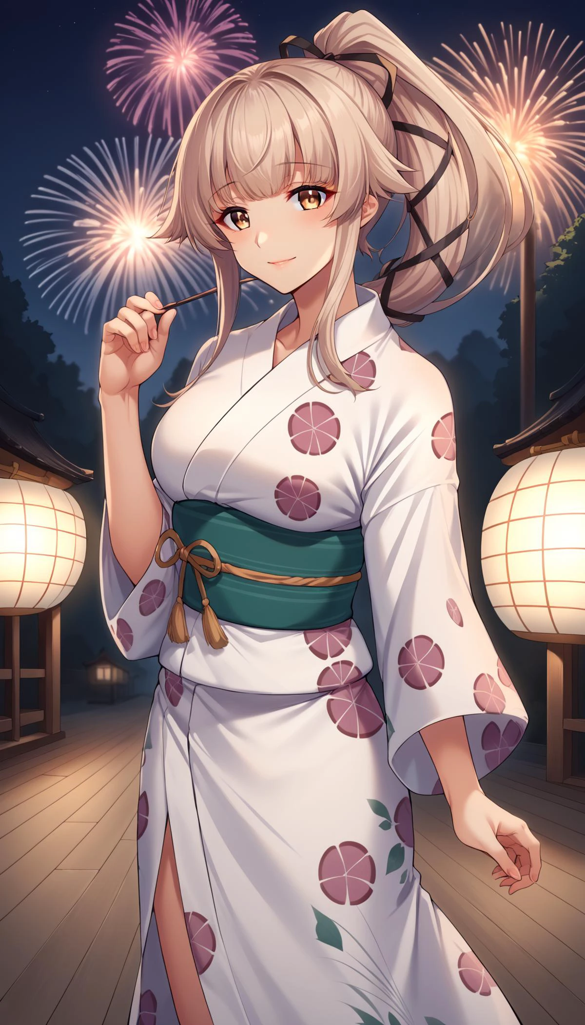 score_9, score_8_up, score_7_up, source_anime,game cg, <lora:light_sharp_style_magin3.1:1>
<lora:yura:1> yurayukatakckc, long hair, ribbon, hair ribbon, ponytail, kimono, sash, obi, floral print, hair flaps, yukata, white kimono,japanes festival, night,aerial fireworks, light smile,looking at viewer, Sidelong glance