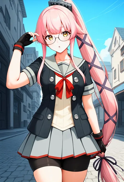 score_9, score_8_up, score_7_up, score_6_up, score_5_up, score_4_up, source_anime, anime artwork, anime_coloring, expressive, award winning, 8k, absurdres, (detailed scenery), [(3d render:0.6)::0.4], diffraction spikes, BREAK
yurakainikc, pink hair, very long hair, gloves, (ribbon), open jacket, (hair ribbon), yellow eyes, ponytail, short sleeves,  pleated skirt, serafuku, red ribbon, black jacket, neck ribbon, bike shorts, hair flaps, grey skirt, partially fingerless gloves, grey sailor collar, red bow, collarbone, semi-rimless eyewear, standing, <lora:yura-05:1:end=20>