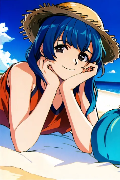 <lora:HH02EP20:0.8>,<lora:xingqiu:0.7>,masterpiece, best quality, masterpiece, best quality, masterpiece, best quality, 1boy,blue hair,brown eyes,blue sky,sea,sandbeach,teenage,hair flower,straw hat,sun setting,on stomach,chin rest,smile