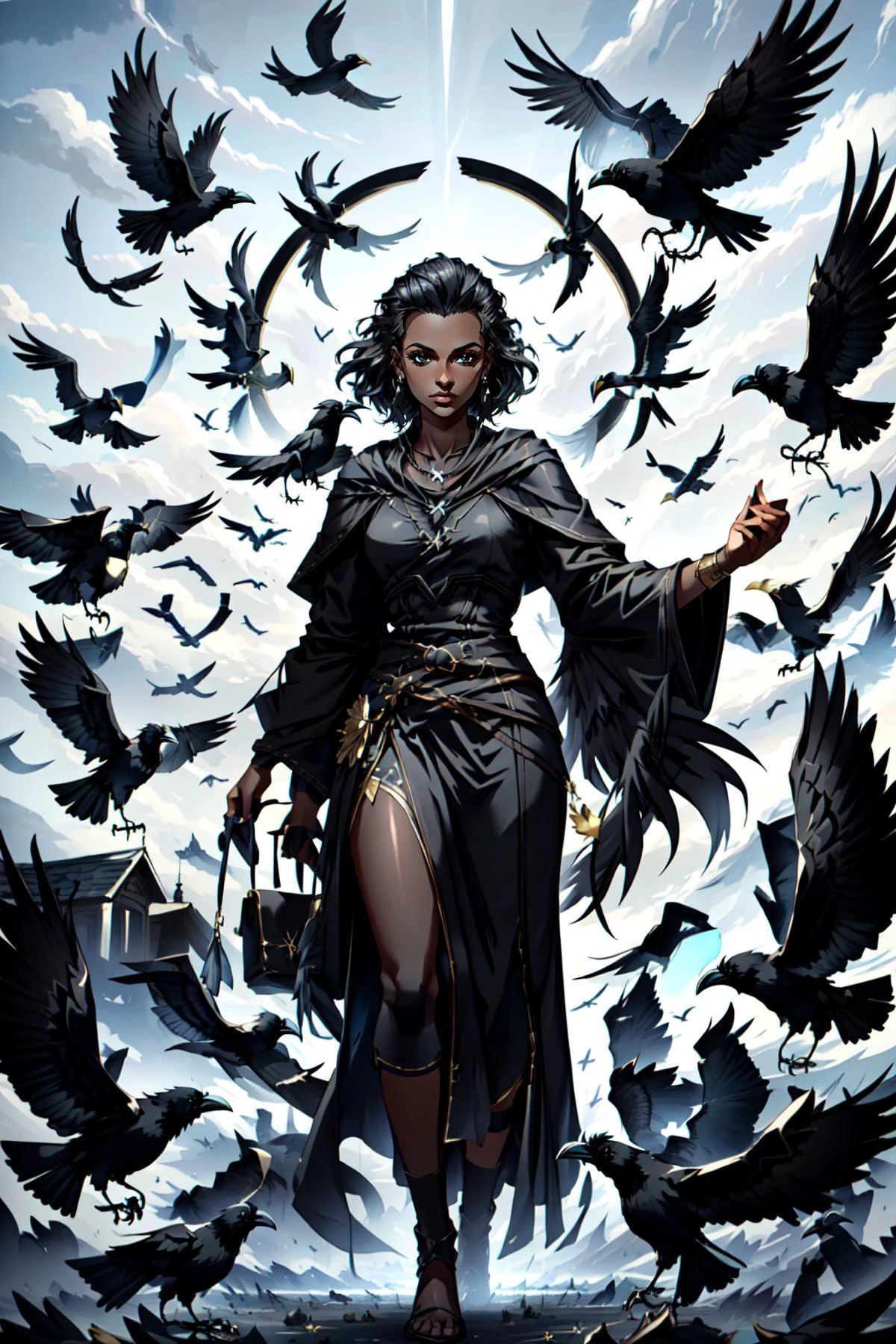 (masterpiece, best quality), intricate details,
1girl, <lora:Amber_Invincible_v15:0.8> amber, dark skin,
<lora:Concept - Crowmancer:0.8> crowmancer, crow, bird, black robes, necklace,