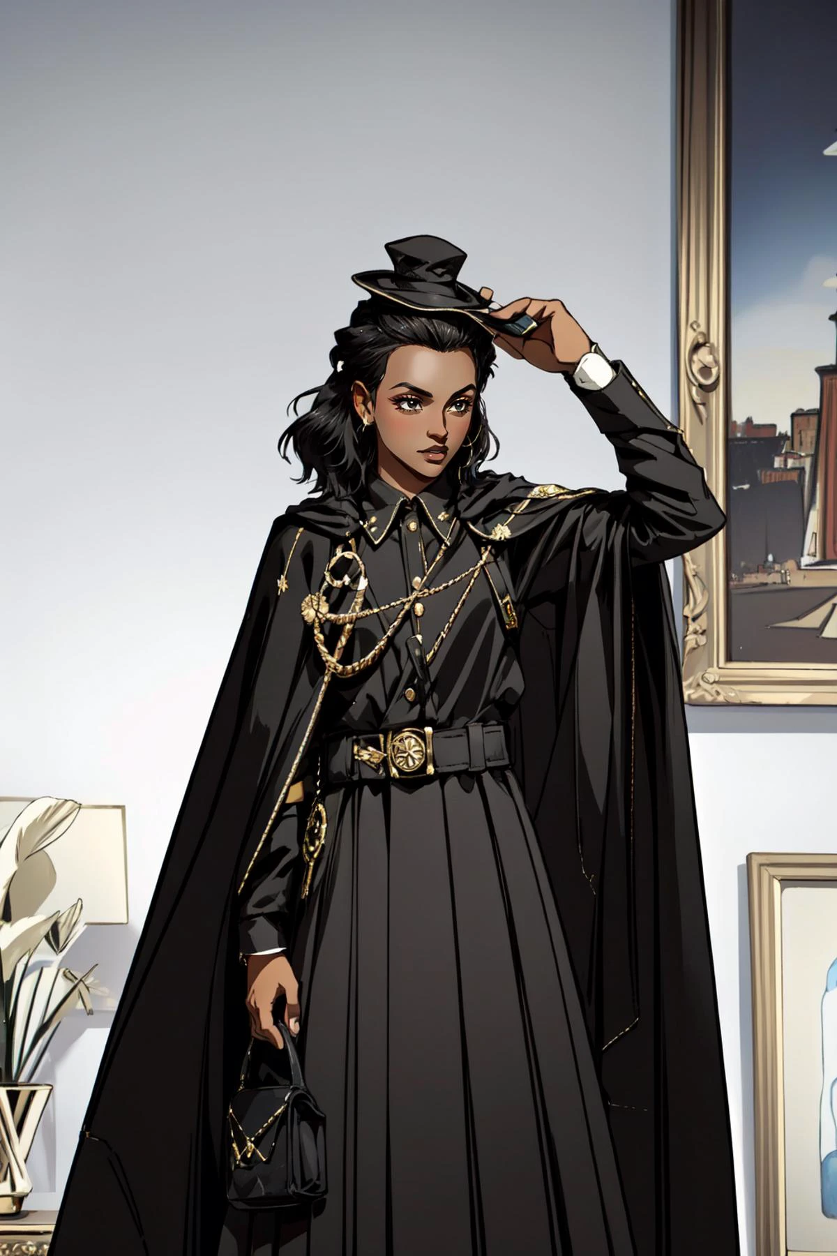(masterpiece, best quality), intricate details,
1girl, <lora:Amber_Invincible_v15:0.8> amber, dark skin,
<lora:junfa:0.8> junfa, outfit, black cape, black cloves, black hat, black uniform,