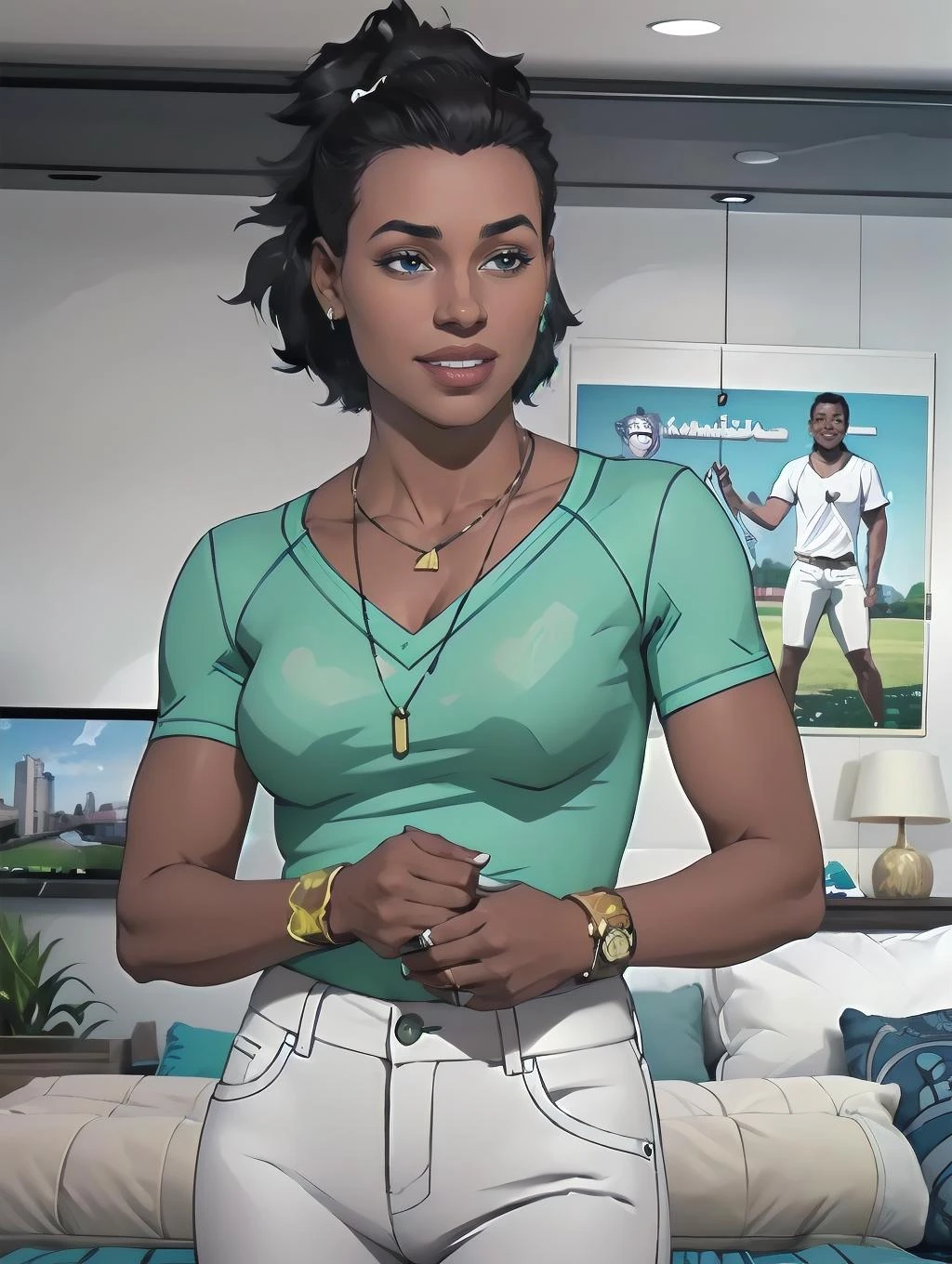 amber, necklace, white_pants, (green_shirt), smiling at camera, woman, portrait, photoshooting, (8k, RAW photo, best quality, masterpiece:1.2),ultra-detailed, (high detailed skin:1.2), 8k uhd, dslr, soft lighting, high quality, <lora:Amber_Invincible_v15:0.77>
