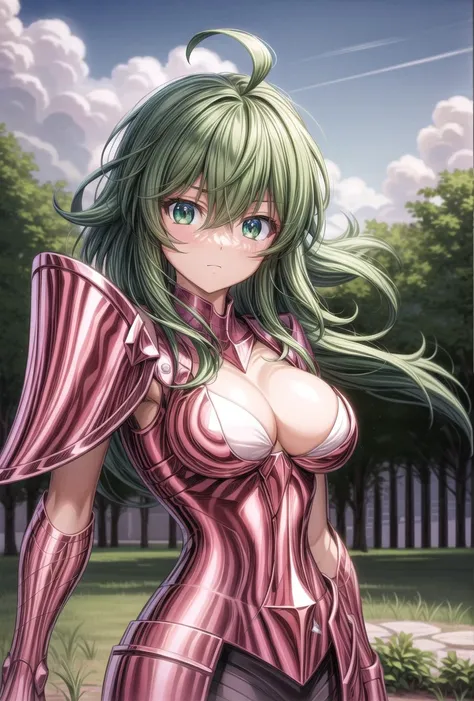 masterpiece, best quality, highres, solo, 1girl, green eyes, ahoge,  armor, <lora:Andromeda_Shun:0.7> <lora:more_details:1>,outdoor