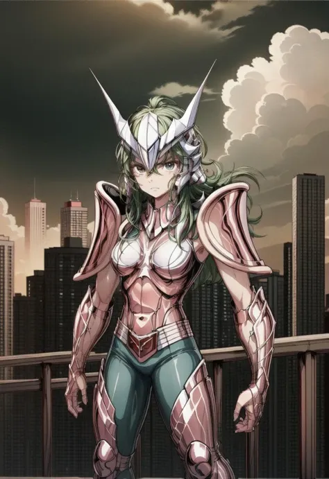 masterpiece, best quality, highres, solo, 1girl, black eyes,  armor,  <lora:more_details:0.8>   <lora:Andromeda_Shun:0.9>,muscular female, outdoors,{{helmet}},standing,shoulder armor, city, landscape, cloudy sky,angry,