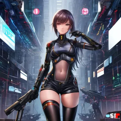 1girl, solo, bodysuit, short shorts, zettai ryouiki, looking at viewer, navel, scifi, science fiction, cyberpunk, holding weapon, cyborg, masterpiece, best quality <lora:add_detail:1> <lora:pokfx_oc_texture_soft_warmth:2.02>