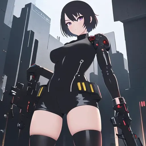 1girl, solo, bodysuit, short shorts, zettai ryouiki, looking at viewer, navel, scifi, science fiction, cyberpunk, holding weapon, cyborg, masterpiece, best quality <lora:add_detail:-1.99> <lora:pokfx_oc_subtle3d:-2.02>