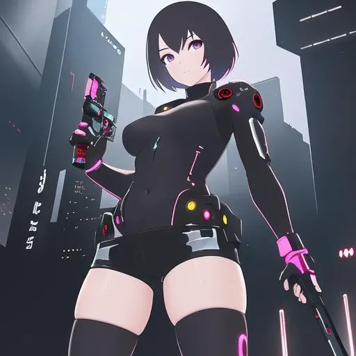 1girl, solo, bodysuit, short shorts, zettai ryouiki, looking at viewer, navel, scifi, science fiction, cyberpunk, holding weapon, cyborg, masterpiece, best quality <lora:add_detail:-1.99> <lora:pokfx_oc_subtle3d:2.02>