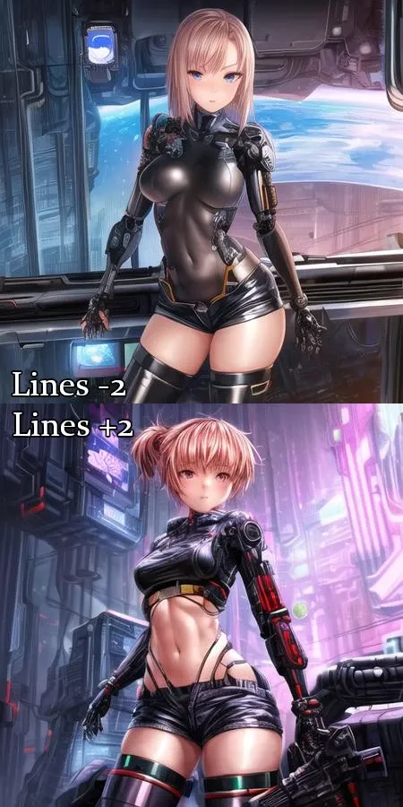 1girl, solo, bodysuit, short shorts, zettai ryouiki, looking at viewer, navel, scifi, science fiction, cyberpunk, holding weapon, cyborg, masterpiece, best quality <lora:add_detail:1> <lora:pokfx_moarlines:-2.02>