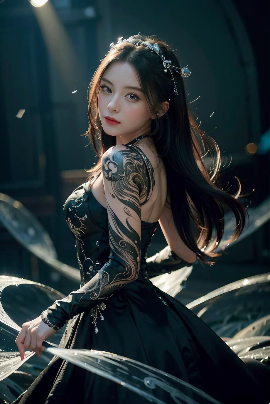((masterpiece, best quality)), ultra detailed 8k, photorealistic, sharp focus, highly detailed, professional lighting , shad0wmancer, photo of a woman, ink, ((swirling black ink floating around)), futuristic fantasy, black wedding dress, dynamic pose, realistic, masterpiece, intricate details, detailed background, depth of field, <lora:Fond_BNK48-02:1>