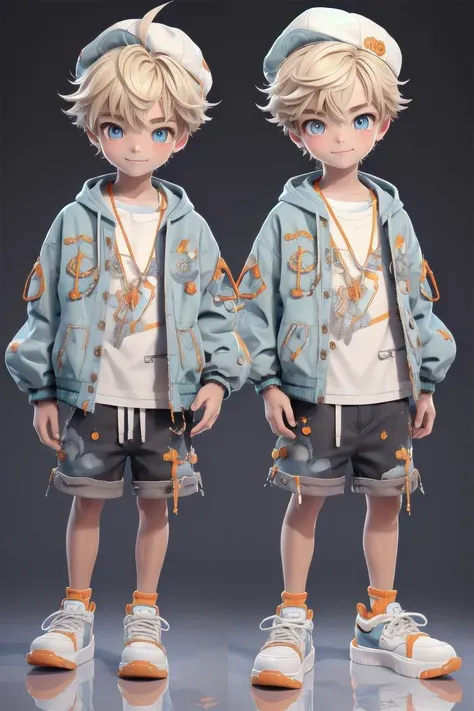 (1 boy:1.2), looking at viewer, hair between eyes, male focus,
 ((masterpiece)), blonde hair,
multiple details, handsome,full shot, shoes,full body,short hair,small sneakers, hat,shorts, jacket, standing,  colorful clothes,
beautiful eyes, smile, (introvert)
  detailed beautiful boy, adorable boy, 
ultra detailed eyes, ultra detailed face
 <lora:mn_20231017111645:1> mn