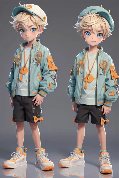 (1 boy:1.2), looking at viewer, hair between eyes, male focus,
((masterpiece)), blonde hair,
multiple details, handsome,full shot, shoes,full body,short hair,small sneakers, hat,shorts, jacket, standing, colorful clothes,
beautiful eyes, smile, (introvert)
detailed beautiful boy, adorable boy,
ultra detailed eyes, ultra detailed face
<lora:mn_20231017111645:1> mn