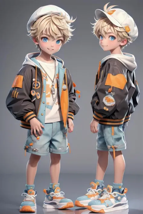(1 boy:1.2), looking at viewer, hair between eyes, male focus,
((masterpiece)), blonde hair,
multiple details, handsome,full shot, shoes,full body,short hair,small sneakers, hat,shorts, jacket, standing, colorful clothes,
beautiful eyes, smile, (introvert)
detailed beautiful boy, adorable boy,
ultra detailed eyes, ultra detailed face
<lora:mn_20231017111645:1> mn