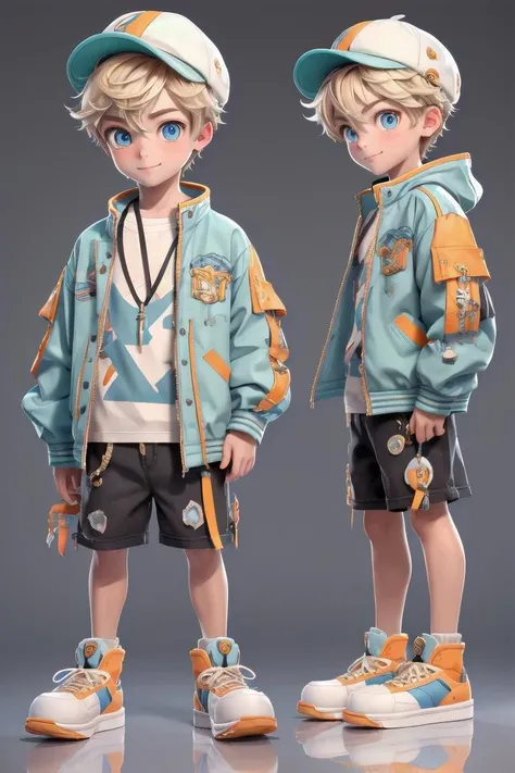 (1 boy:1.2), looking at viewer, hair between eyes, male focus,
 ((masterpiece)), blonde hair,
multiple details, handsome,full shot, shoes,full body,short hair,small sneakers, hat,shorts, jacket, standing,  colorful clothes,
beautiful eyes, smile, (introvert)
  detailed beautiful boy, adorable boy, 
ultra detailed eyes, ultra detailed face
 <lora:mn_20231017111645:1> mn