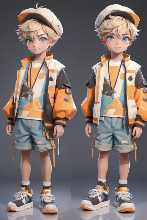 (1 boy:1.2), looking at viewer, hair between eyes, male focus,
((masterpiece)), blonde hair,
multiple details, handsome,full shot, shoes,full body,short hair,small sneakers, hat,shorts, jacket, standing, colorful clothes,
beautiful eyes, smile, (introvert)
detailed beautiful boy, adorable boy,
ultra detailed eyes, ultra detailed face
<lora:mn_20231017111645:1> mn