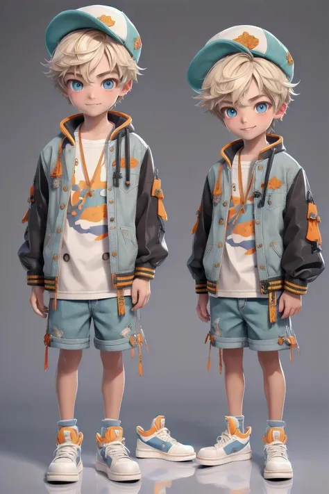 (1 boy:1.2), looking at viewer, hair between eyes, male focus,
((masterpiece)), blonde hair,
multiple details, handsome,full shot, shoes,full body,short hair,small sneakers, hat,shorts, jacket, standing, colorful clothes,
beautiful eyes, smile, (introvert)
detailed beautiful boy, adorable boy,
ultra detailed eyes, ultra detailed face
<lora:mn_20231017111645:1> mn