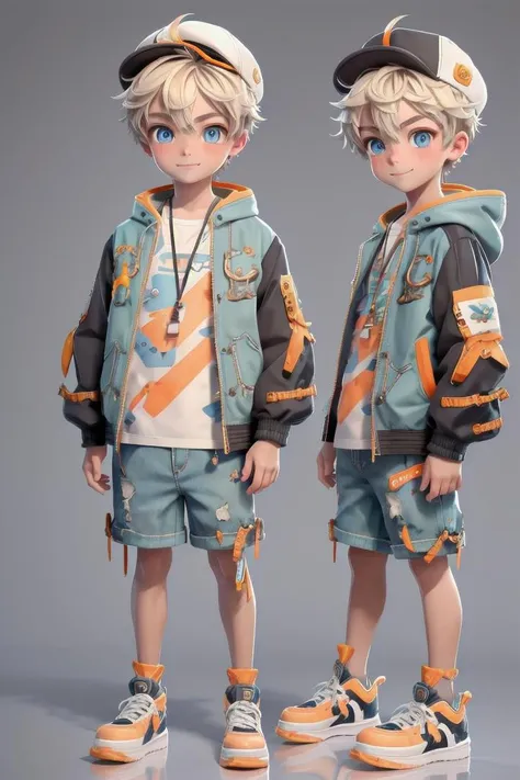 (1 boy:1.2), looking at viewer, hair between eyes, male focus,
((masterpiece)), blonde hair,
multiple details, handsome,full shot, shoes,full body,short hair,small sneakers, hat,shorts, jacket, standing, colorful clothes,
beautiful eyes, smile, (introvert)
detailed beautiful boy, adorable boy,
ultra detailed eyes, ultra detailed face
<lora:mn_20231017111645:1> mn