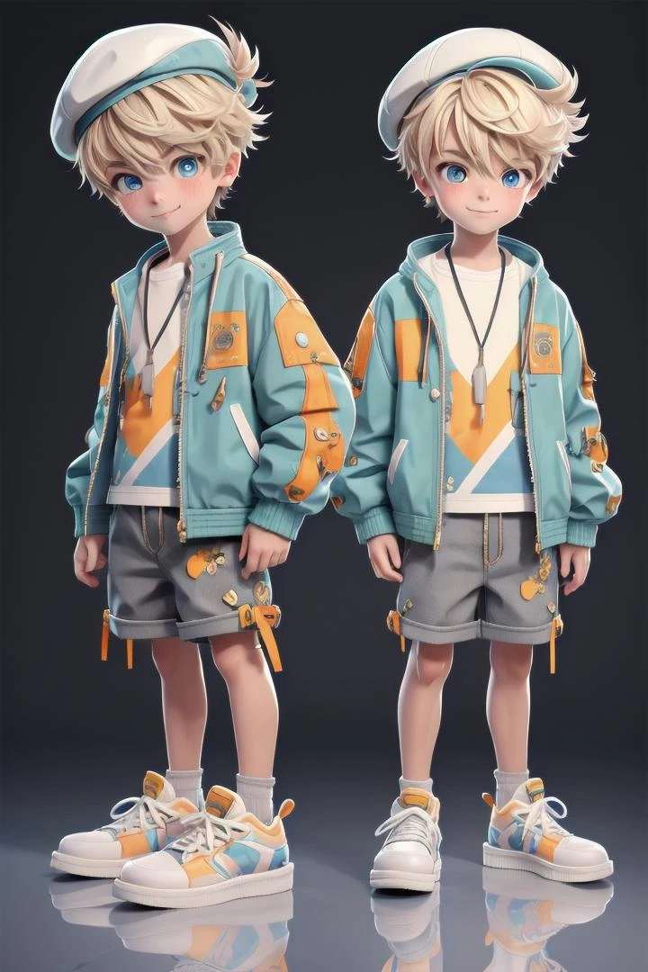 (1 boy:1.2), looking at viewer, hair between eyes, male focus,
((masterpiece)), blonde hair,
multiple details, handsome,full shot, shoes,full body,short hair,small sneakers, hat,shorts, jacket, standing, colorful clothes,
beautiful eyes, smile, (introvert)
detailed beautiful boy, adorable boy,
ultra detailed eyes, ultra detailed face
<lora:mn_20231017111645:1> mn