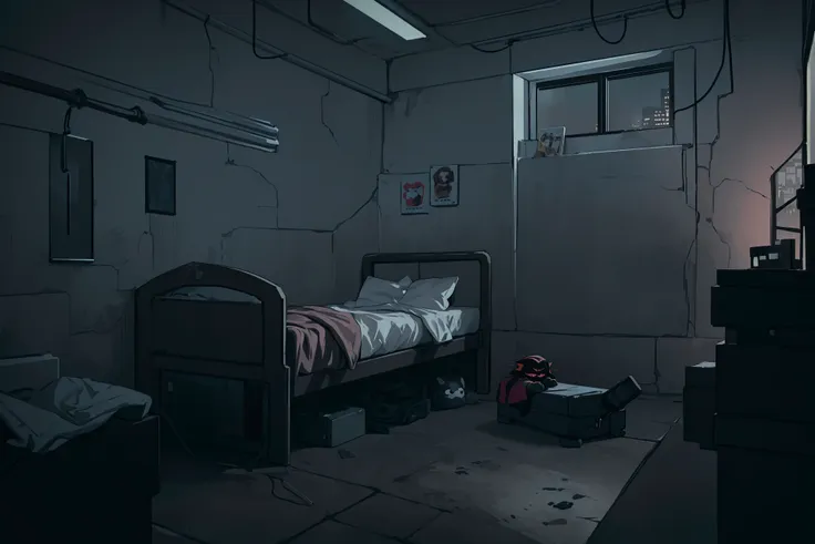 8k, ((masterpiece)), ((best quality)), (ultra-detailed), simple bedroom, dystopian future, near future, judge dredd, cheap, run-down, cheap, (((tiny windows))), steel bars in windows,  mega block, artificial lights, dim light, small, cramped, indoors, (((night))), night time, dark, lit up skyscrapers