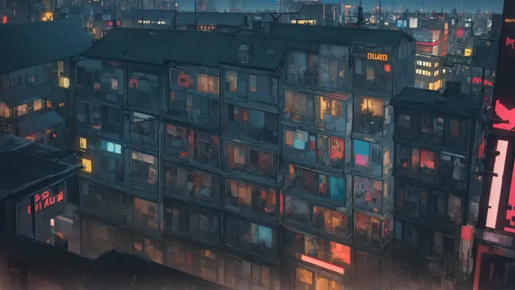 8k, ((masterpiece)), ((best quality)), (ultra-detailed) city skyline, dystopian future, near future, judge dredd, run-down, cheap, mega block huge blocks, artificial lights, dim light, small, (((cramped))), outdoors, messy, depressing,  rust, grime, scenic, neon lights, evening, impossibly high buildings, holograms, exposed cables, exposed pipes, high density, trash, rats, skyships, flying cars, air traffic, light streaks