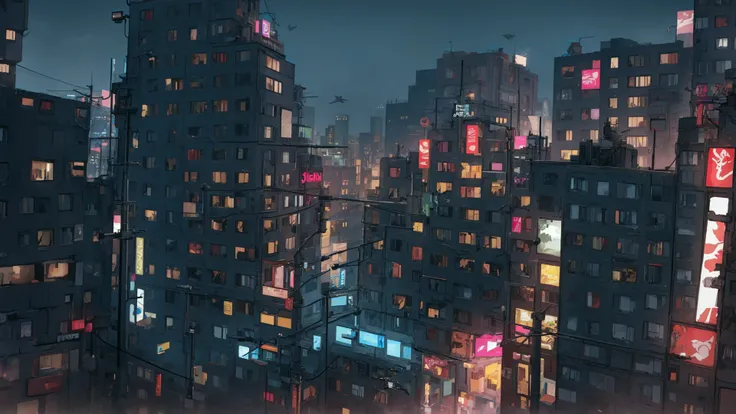 8k, ((masterpiece)), ((best quality)), (ultra-detailed) city skyline, dystopian future, near future, judge dredd, run-down, cheap, mega block huge blocks, artificial lights, dim light, small, (((cramped))), outdoors, messy, depressing,  rust, grime, scenic, neon lights, evening, impossibly high buildings, holograms, exposed cables, exposed pipes, high density, trash, rats, skyships, flying cars, air traffic, light streaks