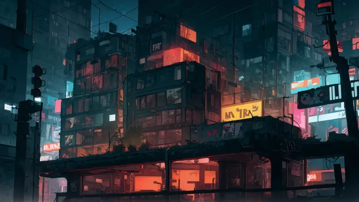 8k, ((masterpiece)), ((best quality)), (ultra-detailed) city skyline, dystopian future, near future, judge dredd, run-down, cheap, mega block huge blocks, artificial lights, dim light, small, (((cramped))), outdoors, messy, depressing,  rust, grime, scenic, neon lights, evening, impossibly high buildings, holograms, exposed cables, exposed pipes, high density, trash, rats, skyships, flying cars, air traffic, light streaks