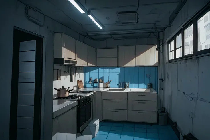 8k, ((masterpiece)), ((best quality)), (ultra-detailed), simple kitchen, dystopian future, near future, judge dredd, cheap, run-down, cheap, (((tiny windows))), steel bars in windows,  mega block, artificial lights, dim light, small, (((cramped))), indoors, steel shutters, narrow, claustrophobic, messy, depressing, microwave, door