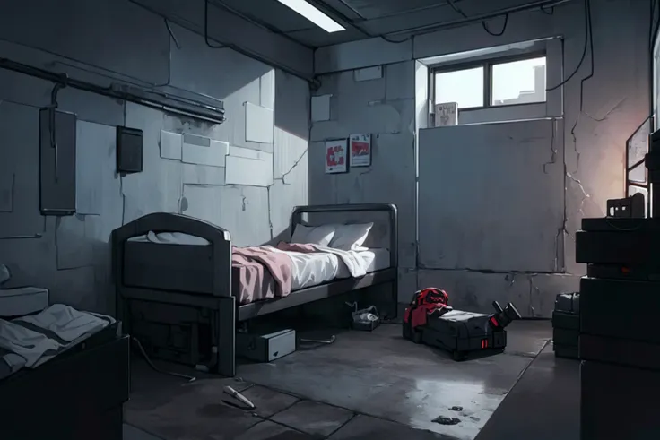 8k, ((masterpiece)), ((best quality)), (ultra-detailed), simple bedroom, dystopian future, near future, judge dredd, cheap, run-down, cheap, (((tiny windows))), steel bars in windows,  mega block, artificial lights, dim light, small, cramped, indoors