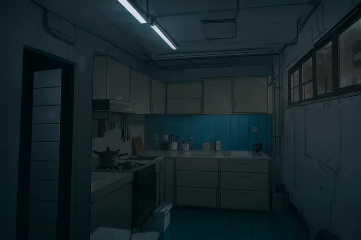 8k, ((masterpiece)), ((best quality)), (ultra-detailed), simple kitchen, dystopian future, near future, judge dredd, cheap, run-down, cheap, (((tiny windows))), steel bars in windows, mega block, artificial lights, dim light, small, (((cramped))), indoors, steel shutters, narrow, claustrophobic, messy, depressing, microwave, door, night, night sky, night time, night city