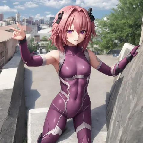 (aesthetic:0), (quality:0), (solo:0), (boy:0),  <lora:asagisuit1:0.9>, [purple_bodysuit], [[flat]], [bulge], [[braid]], (astolfo:0.98), [[[[rooftop]]]]