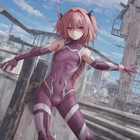 (aesthetic:0), (quality:0), (solo:0), (boy:0),  <lora:asagisuit1:0.9>, [purple_bodysuit], [[flat]], [bulge], [[braid]], (astolfo:0.98), [[[[rooftop]]]]
