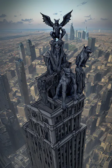 <lora:DuskArt_V7:1> Duskfallcrew art style, gargoyle sitting on top of a building in a city, skyscrapers