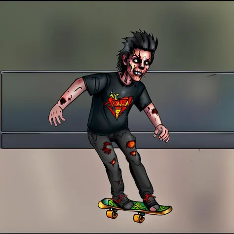 <lora:DuskArt_V7:1> Duskfallcrew art style, a zombie riding a skateboard in a public park