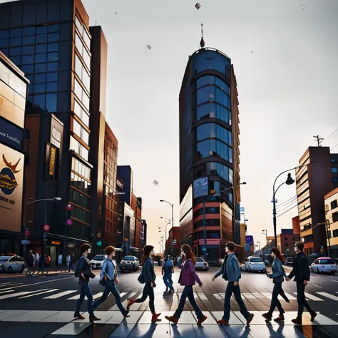 <lora:DuskArt_V7:1> Duskfallcrew art style, people walking across an intersection in a city