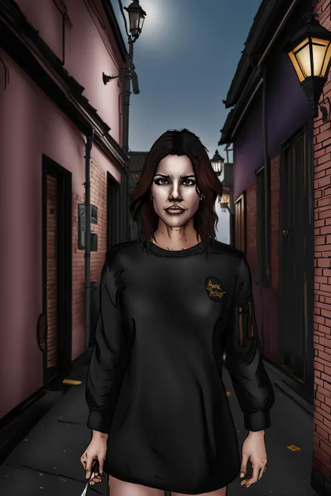 <lora:DuskArt_V7:1> Duskfallcrew art style, an angry woman holding a knife in a dark alley in the rain at night, streetlight