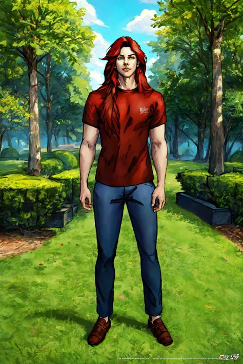 Duskfallcrew Art Style, masterpiece, official art, best quality, solo, long hair, looking at viewer, red hair, shirt, 1boy, green eyes, male focus, pants, red shirt, outdoors, <lora:DuskArt_V7-10:.8>