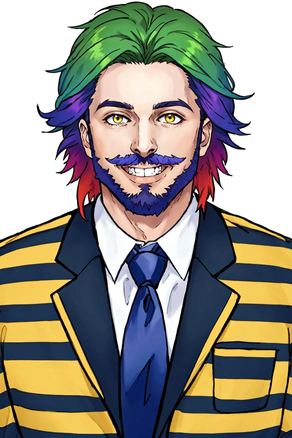 Duskfallcrew Art Style, masterpiece, official art, best quality, Alex Brigtman as Beetlejuice, 1boy, male focus, solo, looking at viewer, teeth, grin, smile, yellow eyes, gradient hair, multicolored hair, purple hair, green hair, blue hair, beard, moustache, facial hair, necktie, black and white striped jacket, black jacket, striped jacket, white shirt, collared shirt, shirt, prison clothes, necktie, portrait, black background, simple background, <lora:DuskArt_V7-10:.4>