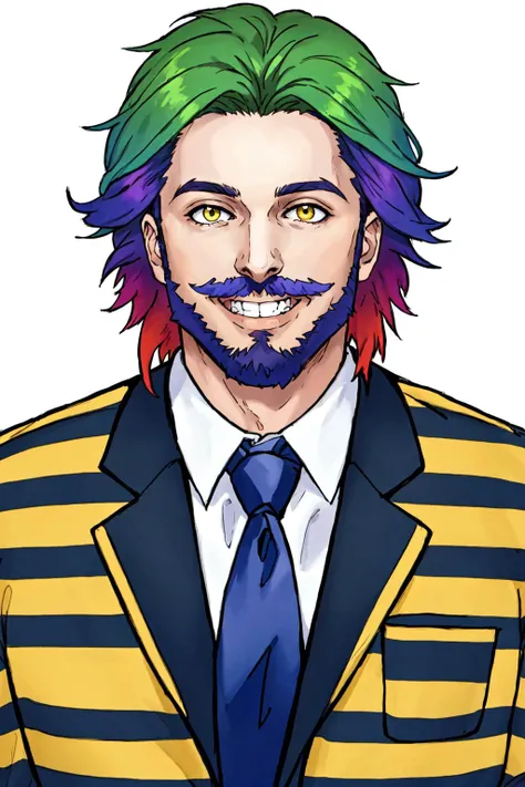 Duskfallcrew Art Style, masterpiece, official art, best quality, Alex Brigtman as Beetlejuice, 1boy, male focus, solo, looking at viewer, teeth, grin, smile, yellow eyes, gradient hair, multicolored hair, purple hair, green hair, blue hair, beard, moustache, facial hair, necktie, black and white striped jacket, black jacket, striped jacket, white shirt, collared shirt, shirt, prison clothes, necktie, portrait, black background, simple background, <lora:DuskArt_V7-10:.4>