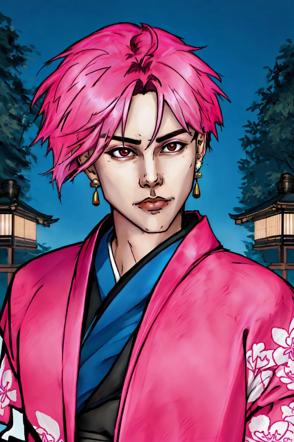 Duskfallcrew Art Style, masterpiece, official art, best quality, solo, short hair, red eyes, 1boy, jewelry, upper body, pink hair, male focus, earrings, japanese clothes, kimono, portrait, outdoors, <lora:DuskArt_V7-10:.8>