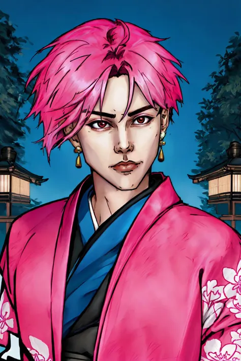 Duskfallcrew Art Style, masterpiece, official art, best quality, solo, short hair, red eyes, 1boy,  jewelry, upper body, pink hair, male focus, earrings, japanese clothes, kimono, portrait, outdoors, <lora:DuskArt_V7-10:.8>