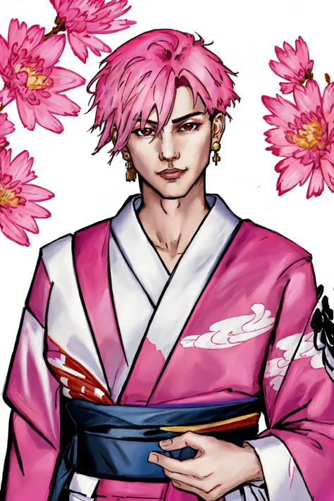 Duskfallcrew Art Style, masterpiece, official art, best quality, solo, short hair, red eyes, 1boy, white background, jewelry, upper body, pink hair, male focus, earrings, japanese clothes, kimono, portrait, outdoors, <lora:DuskArt_V7-10:.8>