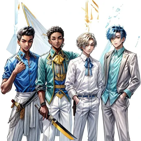a group of 4 man standing next to each other holding a knife and a knife blade in their hands and wearing blue shirts, Cedric Seaut (Keos Masons), character art, concept art, sots art <lora:add_detail:1> <lora:epi_noiseoffset2:1> lineart <lora:hairdetailer:1> <lora:detail_slider_v4:1> <lora:BD_manga_style_v1:1> <hypernet:MirageHypernetworkFor_v10:1>