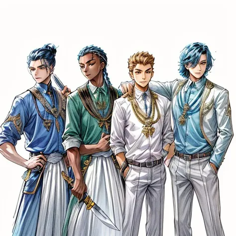 a group of 4 man standing next to each other holding a knife and a knife blade in their hands and wearing blue shirts, Cedric Seaut (Keos Masons), character art, concept art, sots art <lora:add_detail:1> <lora:epi_noiseoffset2:1> lineart <lora:hairdetailer:1> <lora:detail_slider_v4:1> <lora:BD_manga_style_v1:1> <hypernet:MirageHypernetworkFor_v10:1>