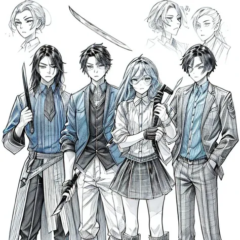 a group of 4 man standing next to each other holding a knife and a knife blade in their hands and wearing blue shirts, Cedric Seaut (Keos Masons), character art, concept art, sots art <lora:add_detail:1> <lora:epi_noiseoffset2:1> lineart <lora:hairdetailer:1> <lora:detail_slider_v4:1> <lora:animeoutlineV4_16:1> lineart, monochrome <lora:BD_manga_style_v1:1> <hypernet:MirageHypernetworkFor_v10:1>